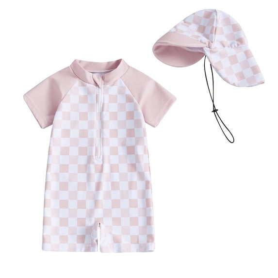 NAISIBABY Toddler Boys Girls One-Piece Swimsuit, Short Sleeve Plaid with Sun Cap Zipper Bathing Suit 2-Piece Pink 3-6Months