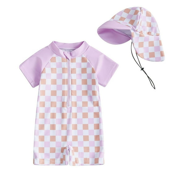 NAISIBABY Toddler Boys Girls One-Piece Swimsuit, Zipper Plaid with Sun Cap Short Sleeve Bathing Suit 2-Piece Purple 2-3T