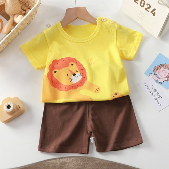 NAISIBABY Toddler Boys Girls Outfits, Short Sleeve Prints Shorts Casual Two-Piece Sets Khaki 12-24 Months