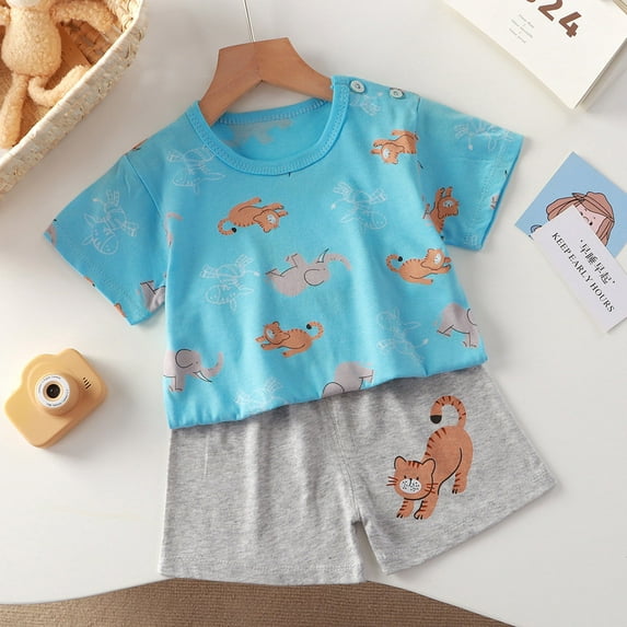 NAISIBABY Toddler Boys Girls Outfits, Shorts Short Sleeve Prints Casual Two-Piece Sets Blue 5-6 T