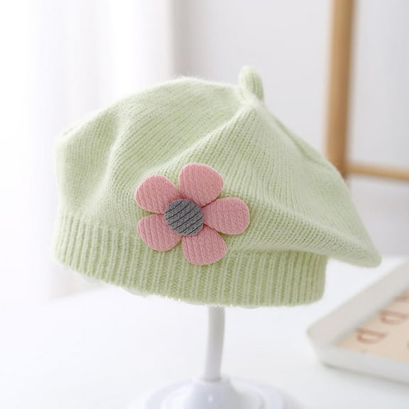 NAISIBABY Toddler Girls Beret Hat, Cotton Knitted Cute Flower Fall Winter Baby French Style Cap Mint Green