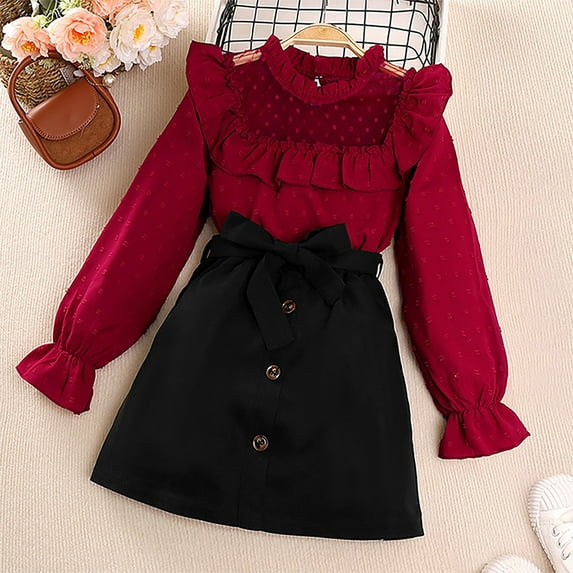 NAISIBABY Toddler Girls Casual Dress Sets, Ruffled Long Sleeve Lace Tops Bow Black Skirts Casual 2-Piece Dresses Red 11-12T