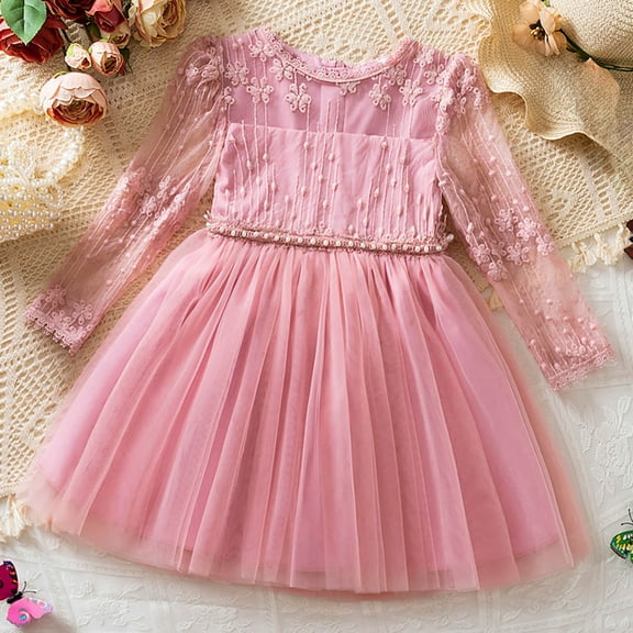 NAISIBABY Toddler Girls Dresses, Long Sleeve Floral Embroidered Lace Cute Tulle Party Princess Dresses Pink 9Months