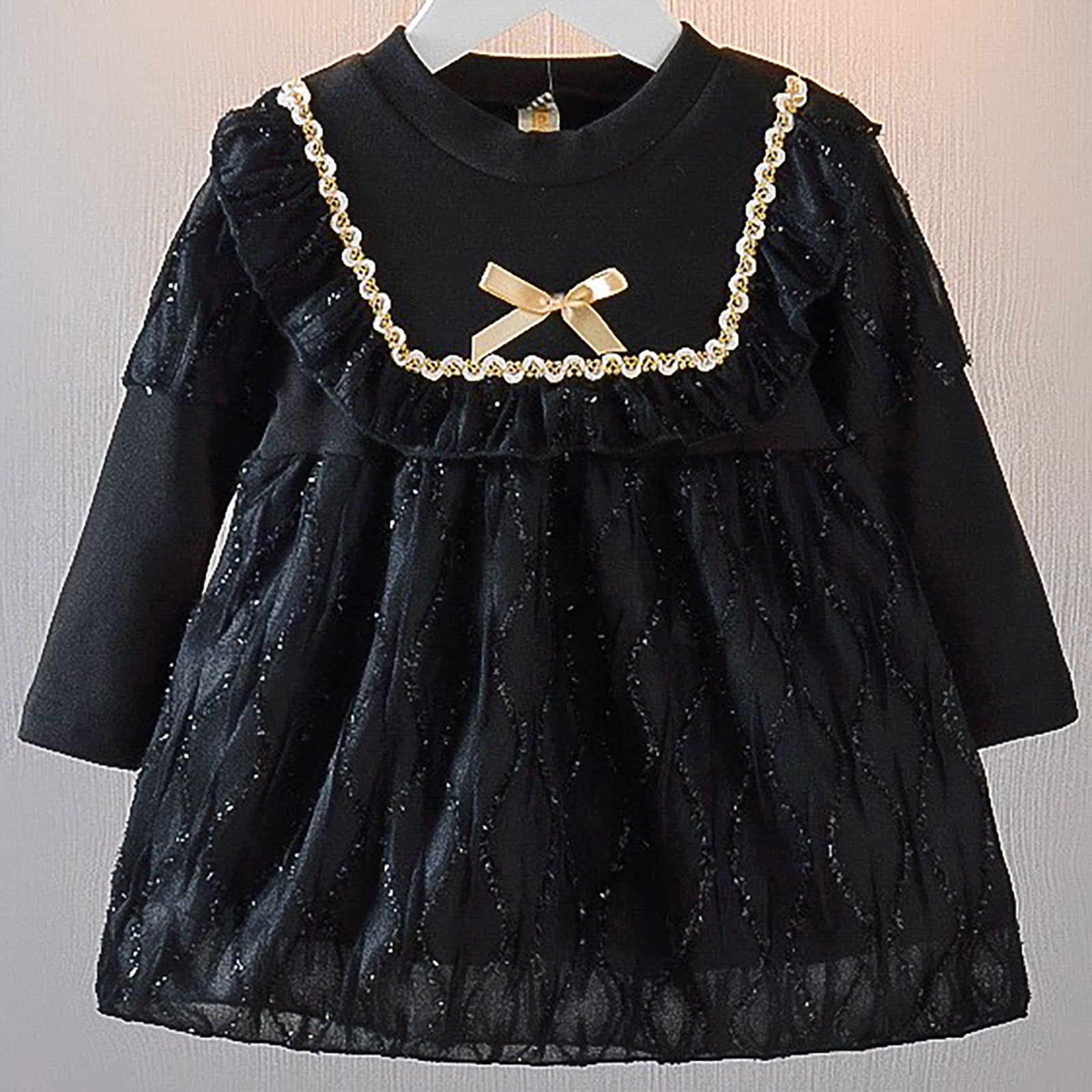 Naisibaby Toddler Girls Long Sleeve Dress, College Style Crewneck Lace Elegant Midi Dress Black 6-12Months
