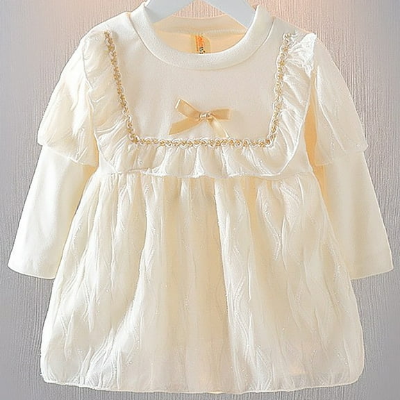 NAISIBABY Toddler Girls Long Sleeve Dress, College Style Crewneck Lace Elegant Midi Dress White 1-2T