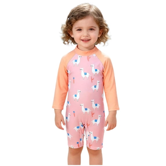 NAISIBABY Toddler Girls Long Sleeve Rash Guard One-Piece Swimsuit, Cute Sun Protection Quick Dry Beach Bathing Suit Pink 0-1T