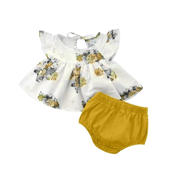 NAISIBABY Toddler Girls Outfits, Solid Shorts Cute Bandage Prints Tops Summer Sets Yellow 1-2 T