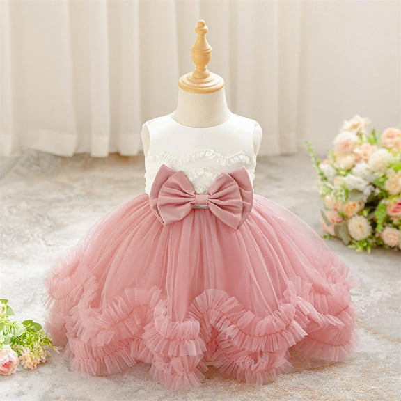 NAISIBABY Toddler Girls Princess Dress, Pleated Tulle Hem Sleevelss Bowknot Mesh Pageant Birthday Wedding Party Dress Pink 3T