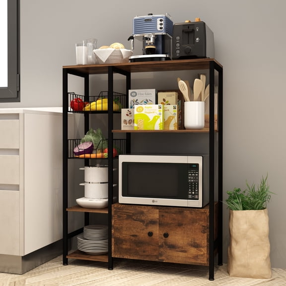 NAIYUFA 5-Tier Bakers Rack ,Industrial Kitchen Island with Basket,Microwave Stand Vintage Brown