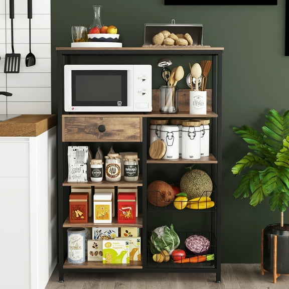 NAIYUFA 5-Tier Kitchen Bakers Rack with Storage,Microwave Oven Stand,Utility Brown Storage Shelf with Drawer and Mesh Baskets