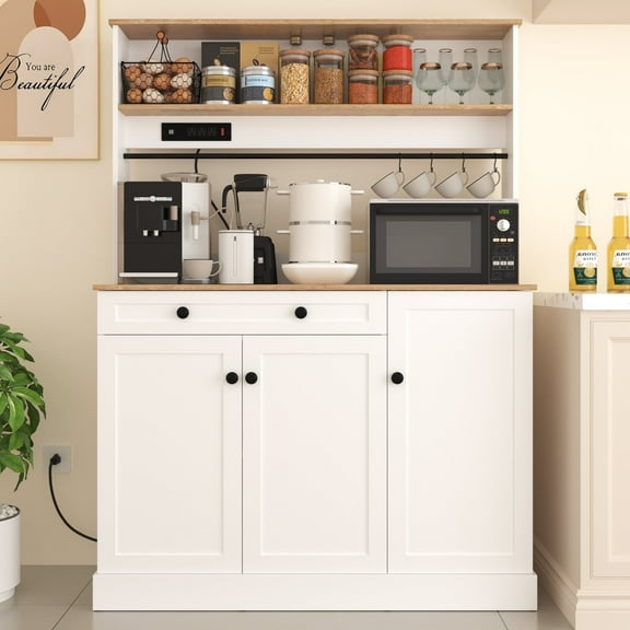 NAIYUFA 65"Kitchen Pantry Storage Cabinet with Power Outlets,Farmhouse Food Pantry Cabinet with Microwave Stand, Freestanding Hutch Cabinet with Drawers and Adjustable Shelves.