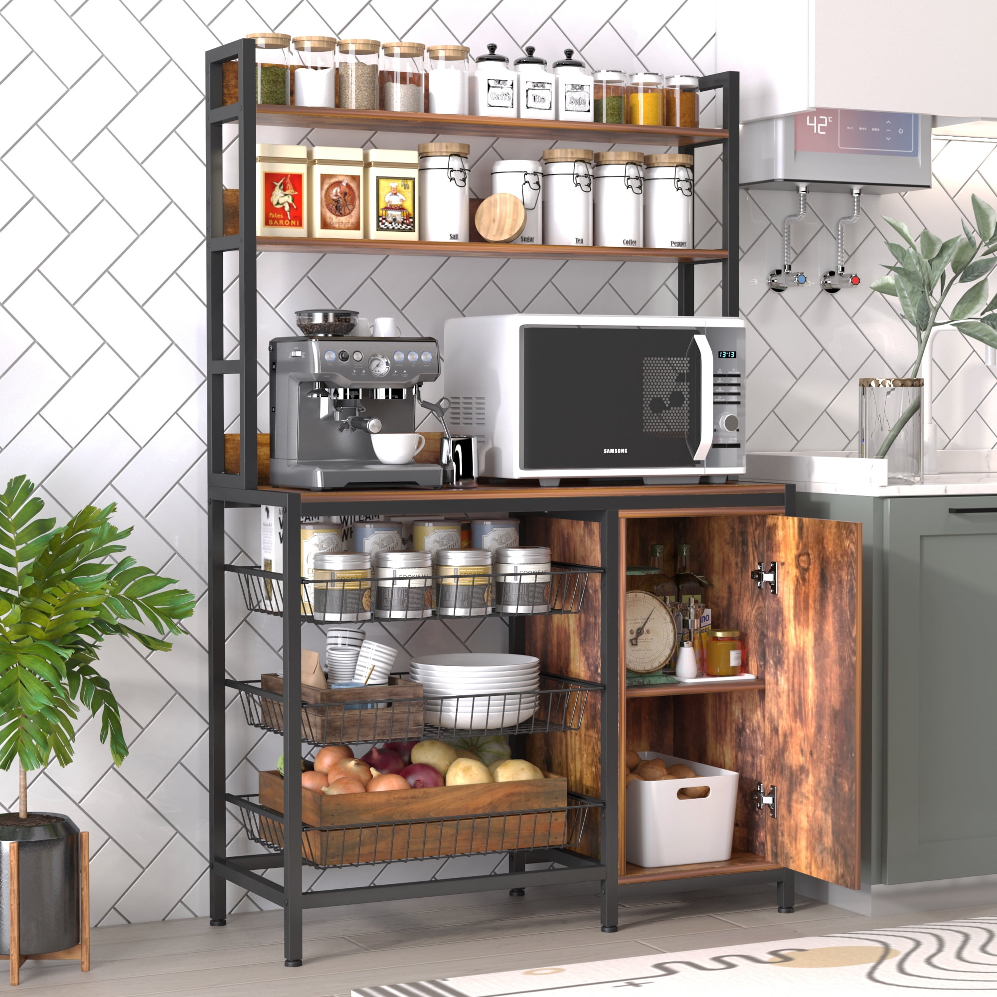 NAIYUFA Bakers Rack Kitchen Large Brown Wood Shelf with Pulled out Baskets and Cabinet Microwave Oven Stand
