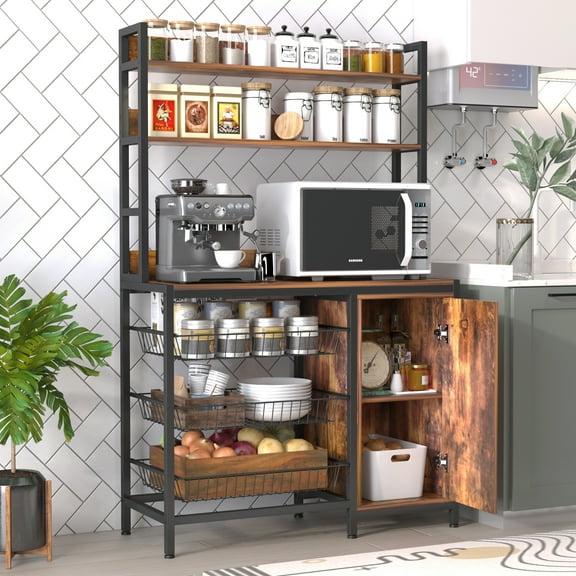 NAIYUFA Bakers Rack Kitchen Large Brown Wood Shelf with Pulled-out Baskets and Cabinet,Microwave Oven Stand