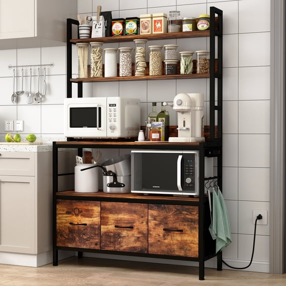 NAIYUFA 5-Tier Bakers Rack, Brown Wood Kitchen Shelf with Storage, 3 ...