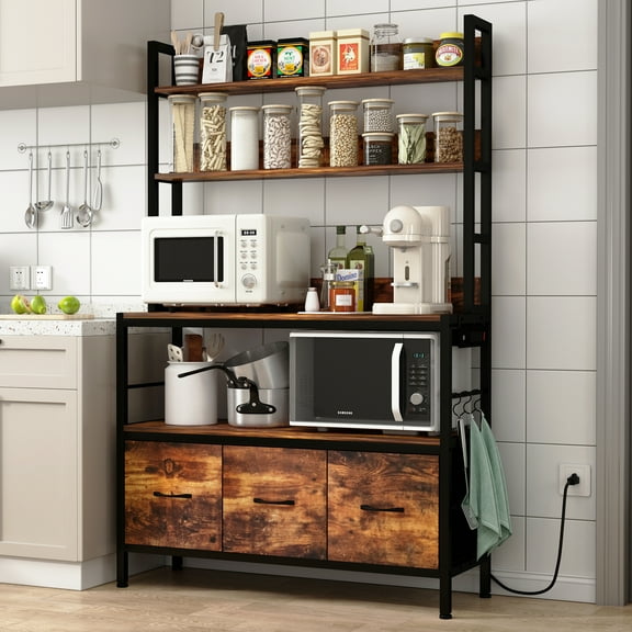 NAIYUFA Bakers Rack Large Capicity Brown 5-tier ,3 Pull Out Baskets Wood Kitchen Shelf with Power Outlets