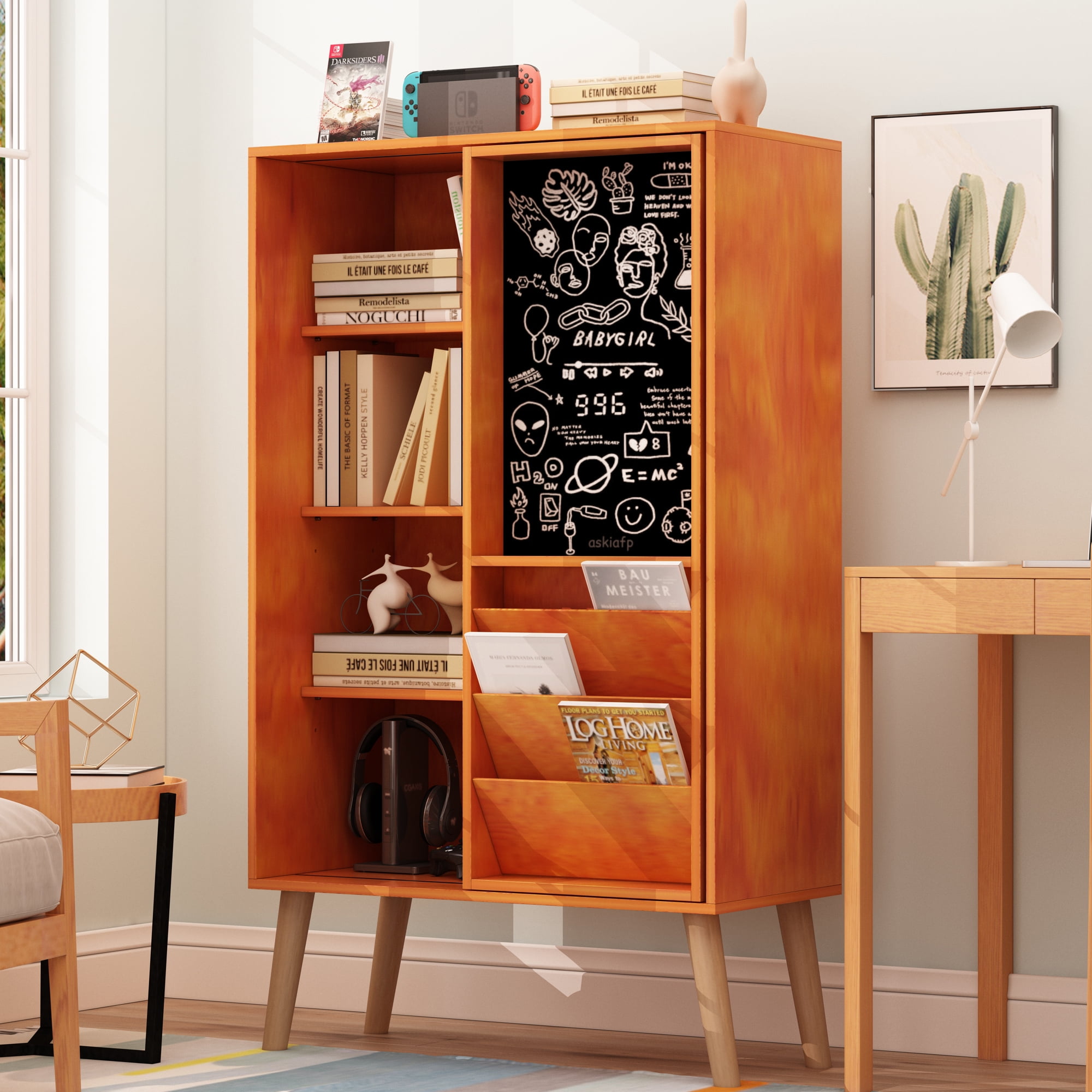 NAIYUFA Bookshelf 4 Tier Wood Sliding Door Book Storage with