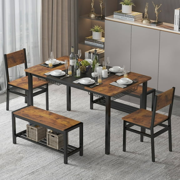 NAIYUFA Dining 5 Pieces Table Set,One Large Table ,2 chairs and 2 Benches for 4-6 people,Wood Brown Sets with Storage Rack