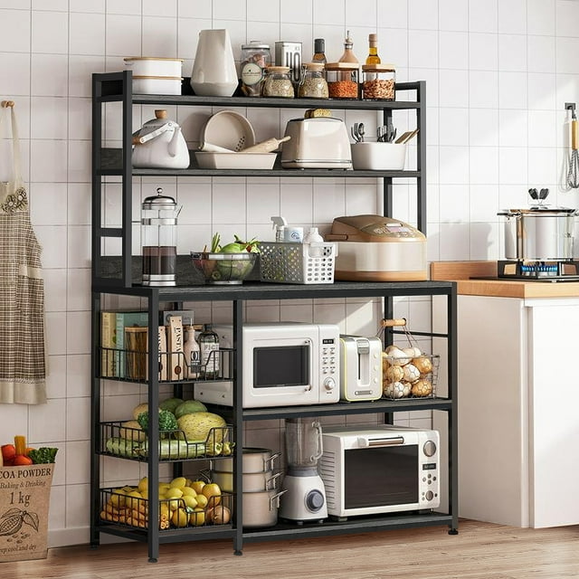 NAIYUFA 5Tier Kitchen Bakers Rack with Baskets, Grey, Wood Storage