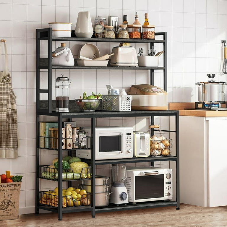 NAIYUFA Kitchen Bakers Rack with Baskets,5-Tier Utility Storage Wood Shelf  with Hooks, Microwave Oven Stand Rack,Vintage Grey