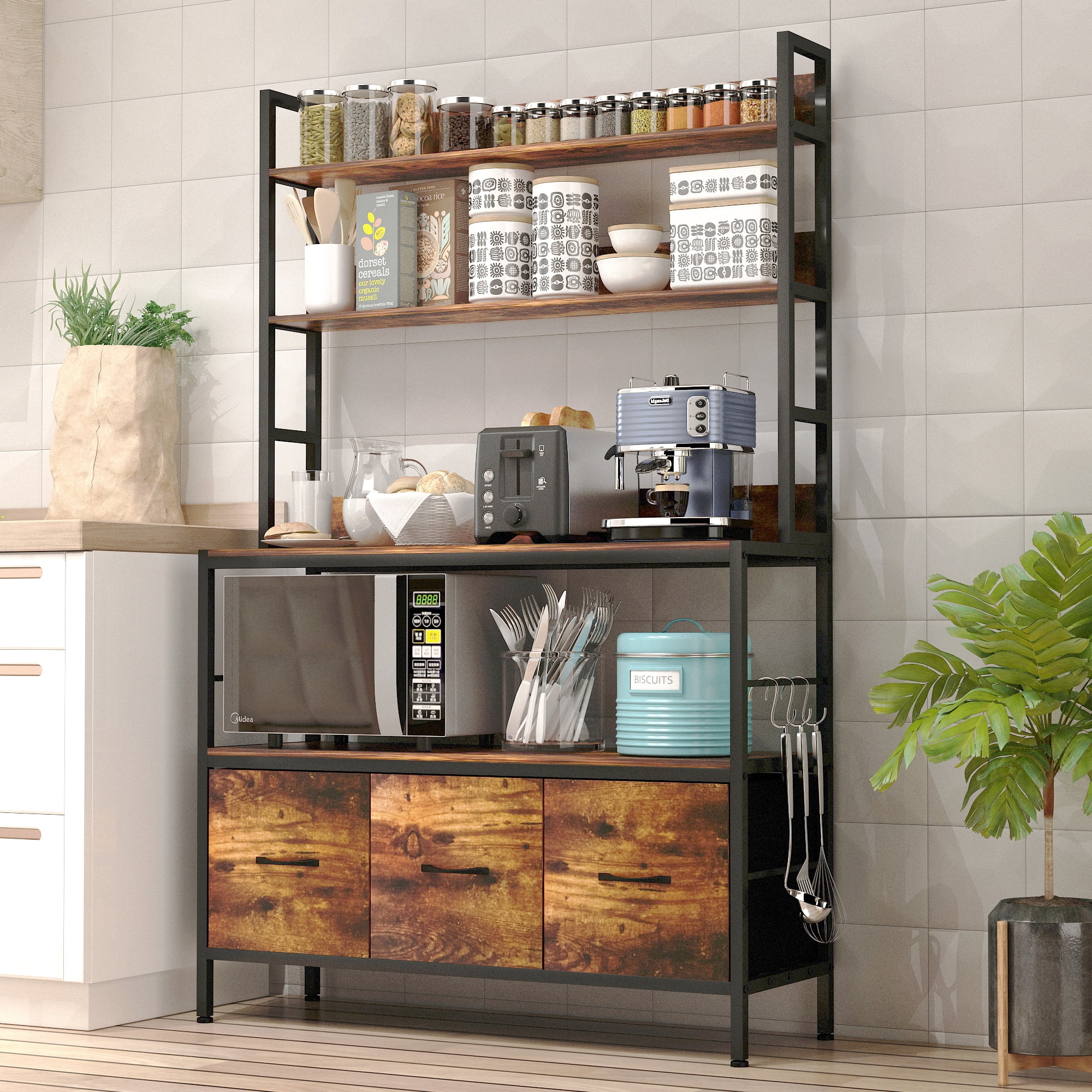 NAIYUFA Kitchen Bakers Rack with Baskets 5 Tier Wood Shelf Industrial Microwave Oven Stand with Hooks Brown