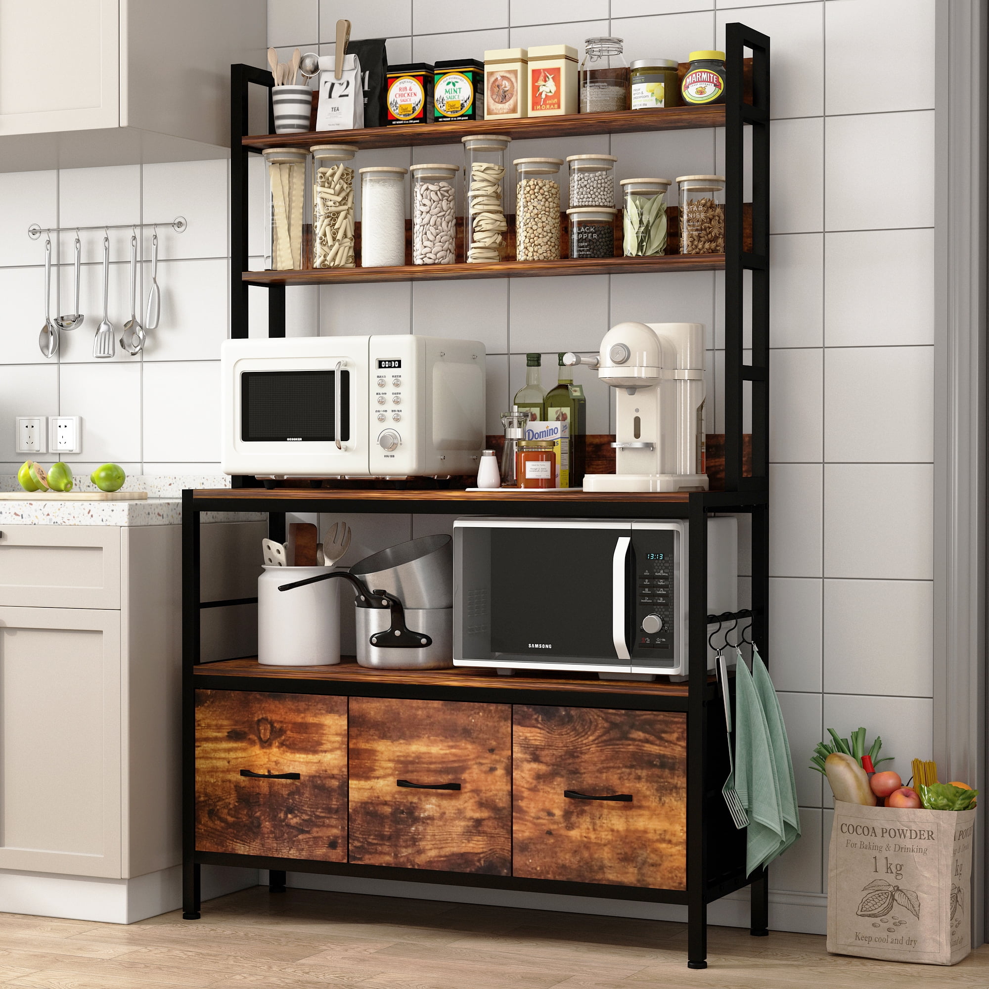 NAIYUFA 5-Tier Wood Shelf Kitchen Bakers Rack with Baskets, Industrial ...