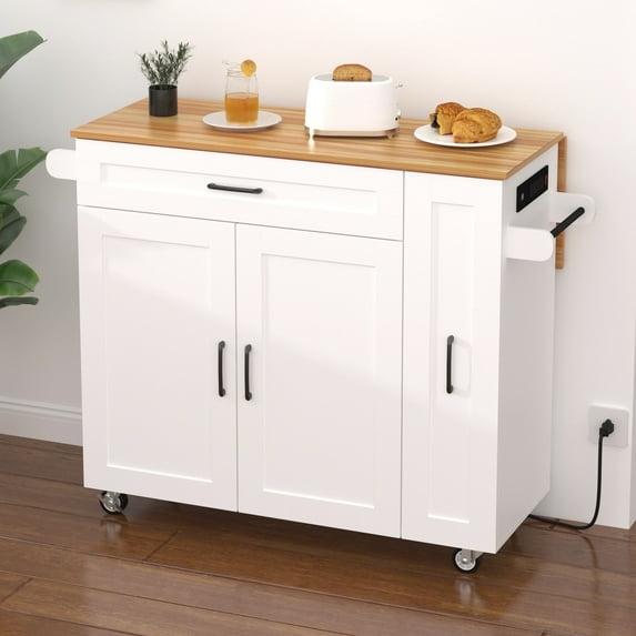 NAIYUFA Kitchen Island with Wheels & Adjustable Shelf,Modern Kitchen Islands with Power Outlets,Door Storage Cabinet,Drawers