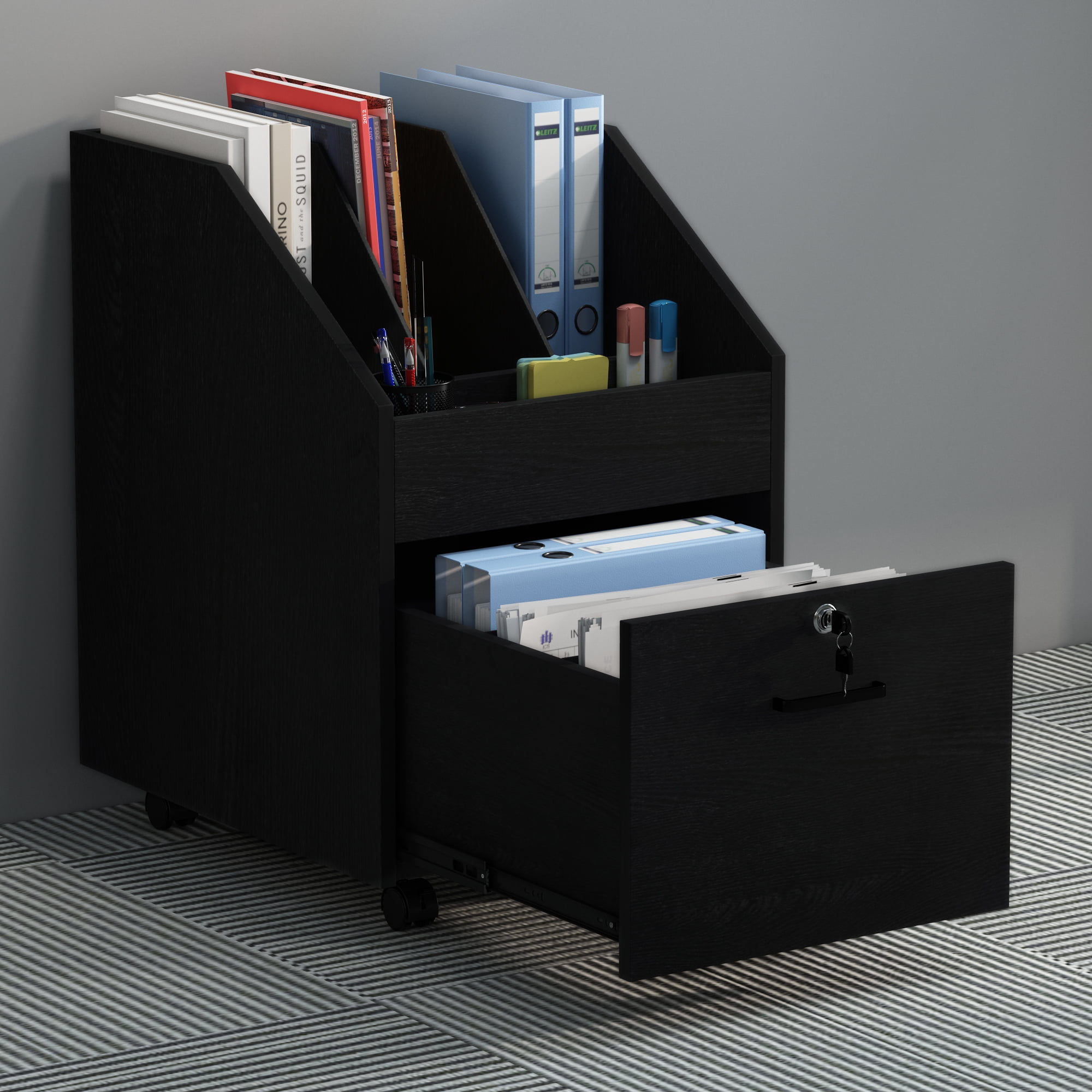 NAIYUFA Mobile File Cabinet with drawers,lock,Rolling Filing Cabinet Wood Storage Shelf for Office Study Room,Black
