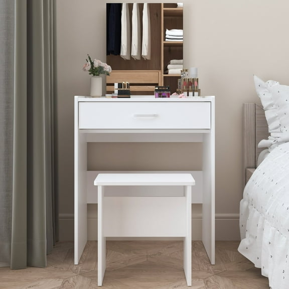 NAIYUFA Small Vanity Desk,Modern Makeup Vanity Desk with Mirror ,Small Vanity with Storage Drawer & Chair, Vanity Table Set for Bedroom Small Space,White