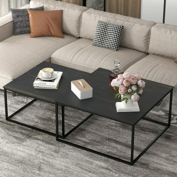 NAIYUFA Nesting Coffee Table Set of 2,Square Table with Steel Frame,Industrial Tables for Living Room, Bedroom ,Balcony Yard ,Black