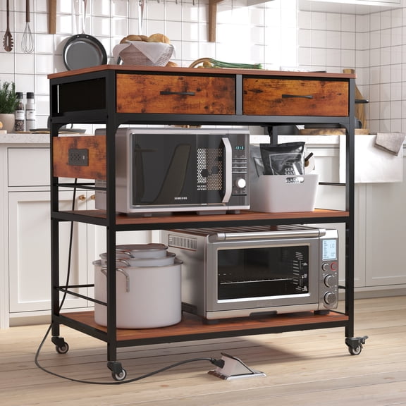 NAIYUFA Rolling Kitchen Cart with Power Outlet, 3-Tier Microwave Stand with 2 Drawers and Casters, Rustic Brown