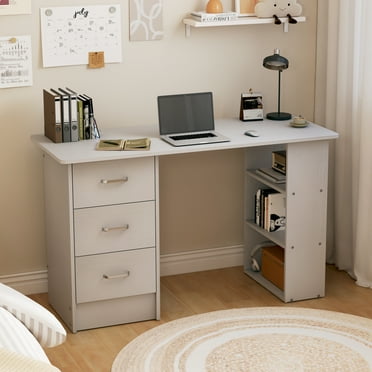 NAIYUFA Writing Desk Wood Computer Desks with 3 drawers,3 open storage shelves for Home Office,Study Room,White