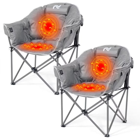 NAIZEA 2 PACK Oversized Heated Camping Chair, Portable Folding Lawn Chair, 3 Heat Levels, Outdoor Lounge Patio Chair, with Large Pockets , Travel Bag and Headrest, Supports 500lb