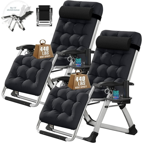 NAIZEA Zero-Gravity Folding Outdoor Lounge Chair, Padded Recliner with Cushion, Headrest, Tray, Black, 2-Pack