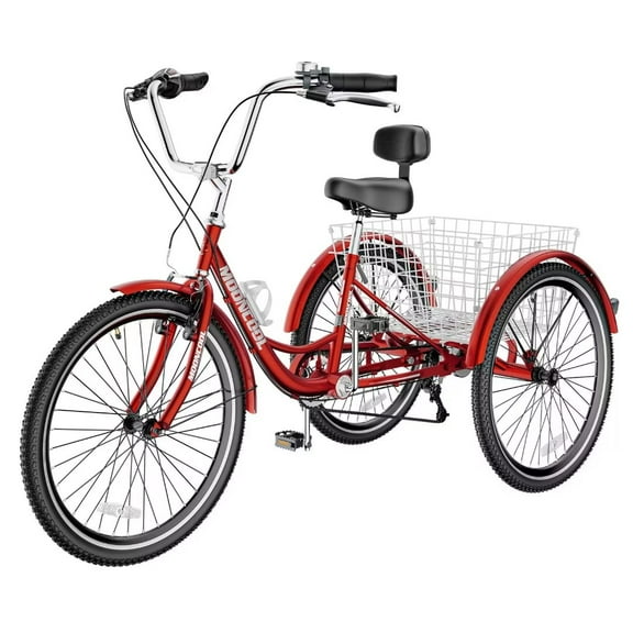 NAIZEA 24"/26" Adult Tricycle Bike, 7 Speed 3-Wheel Bicycle, with Backrest & Shopping Basket for Men, Women, Seniors