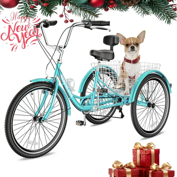 NAIZEA 24" Adult Tricycles, 7 Speed Three Wheel Tricycle Bike Cruiser Trike with Large Basket for Men, Women, Seniors