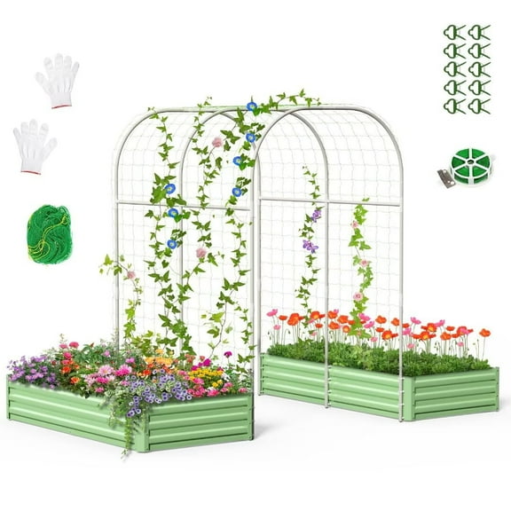 NAIZEA 3 in 1 Galvanized Raised Garden Bed with 85in Tall Arch Trellis for Climbing Vine Herbs Vegetables Flowers, Metal Raised Garden Bed Kit with Trellis, Plant Ties, Climbing Supporting Netting