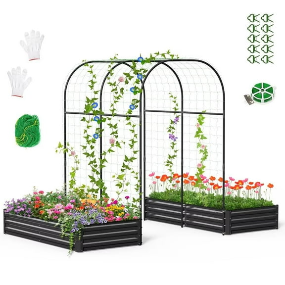 NAIZEA 3 in 1 Galvanized Raised Garden Bed with 85in Tall Arch Trellis for Climbing Vine Herbs Vegetables Flowers, Metal Raised Garden Bed Kit with Trellis, Plant Ties, Climbing Supporting Netting