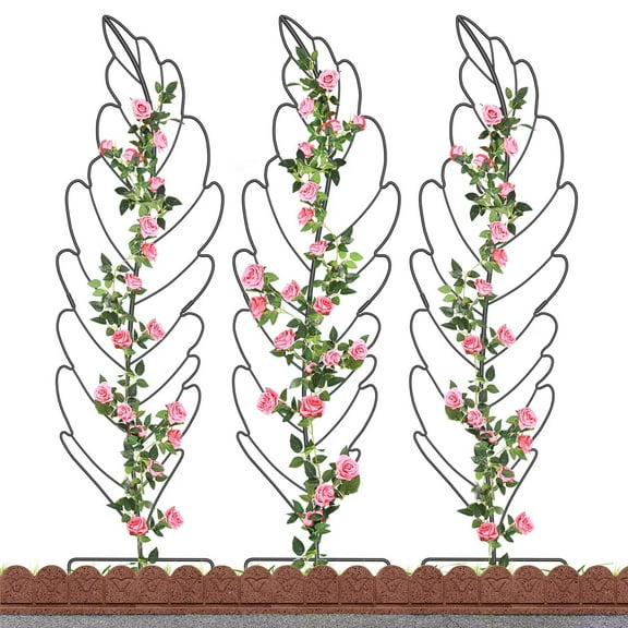 NAIZEA 3 Pack Metal Garden Trellis Plant Support Trellis for Climbing Vines Floral Vegetables Metal Trellis, Green Leaf Trellis Garden Decoration