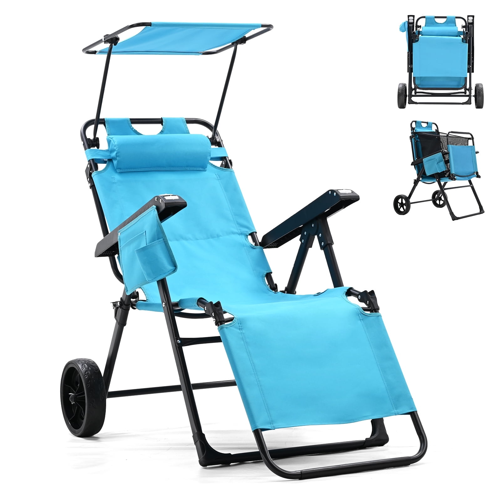 NAIZEA 3 in 1 Folding Beach Chair for Adults Heavy Duty Beach Bed with Canopy Shade Portable Beach Wagon Beach Cart Chair with Wheels