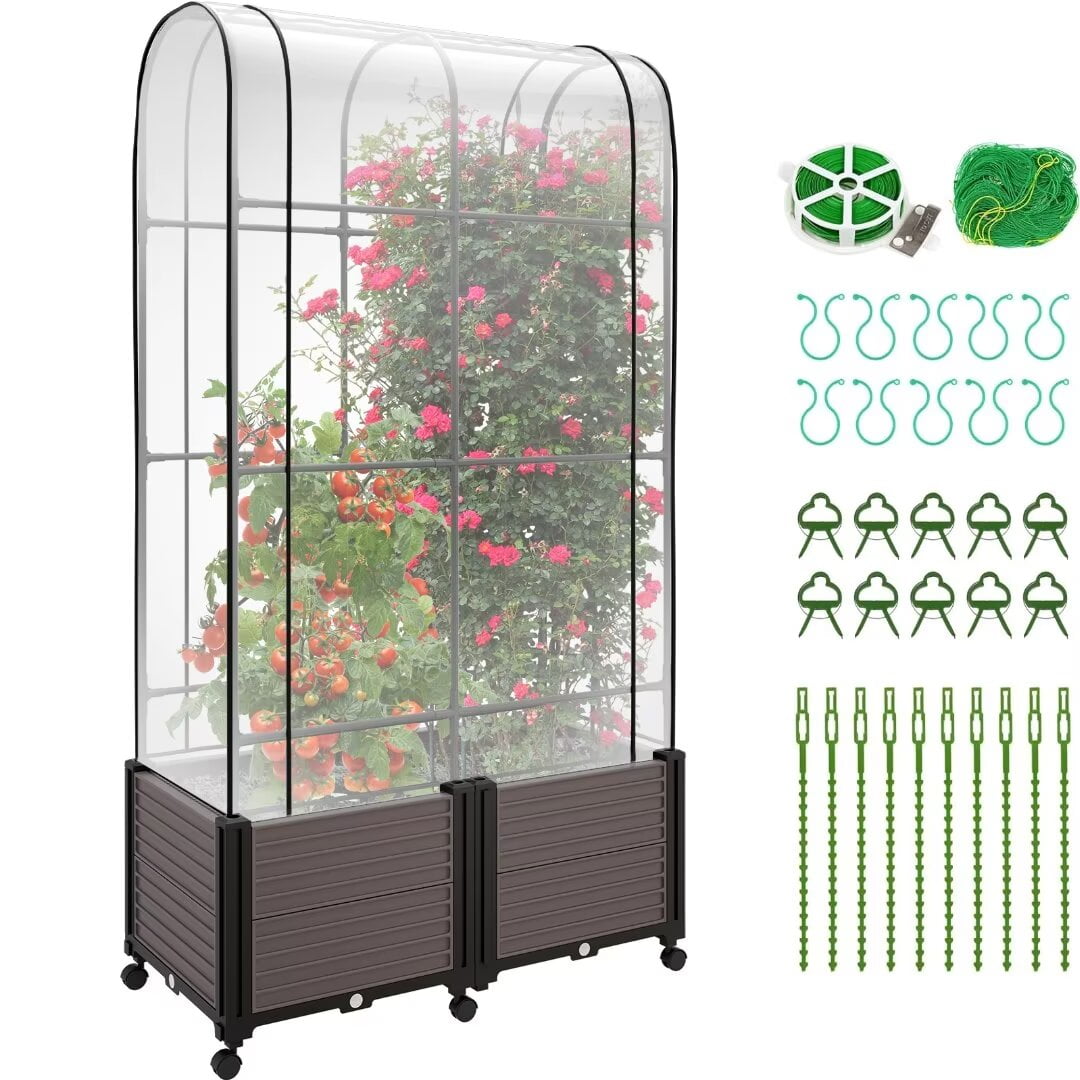 NAIZEA 3in1 Raised Garden Bed Planter Box with PVC Cover & Wheels