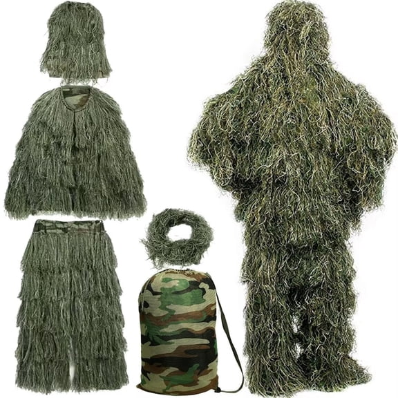 NAIZEA 5 in 1 Ghillie Suit, 3D Camouflage Apparel w/Jacket, Pants, Hood, Carry Bag for Adults/Youth, S/M/L/XL/XXL