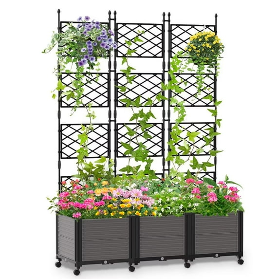 NAIZEA 63" H 3 Pack Planter Box Raised Garden Bed with Trellis & Wheels Standing Vertical Horticulture Planter Box for Climbing Vegetables Plants & Herbs & Flowers