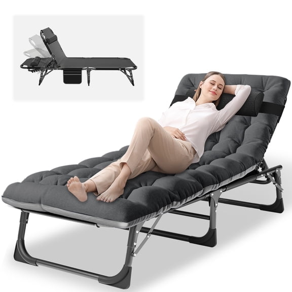 NAIZEA 75" Adult Folding Camping Cot, Portable Heavy Duty Adjustable Sleeping Bed, Outdoor Patio Folding Lounge Chair with Mattress