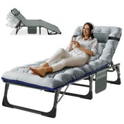 NAIZEA 75" Folding Camping Cot for Adult, 5 Position Adjustable Portable Camping Bed, Lounge Chair with Mattress and Pillow, Gray