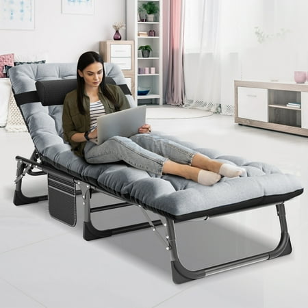 NAIZEA 75" Portable Camping Cot, 4-Position Adjustable Folding Bed, Lounge Chair with Mattress and Pillow, Gray