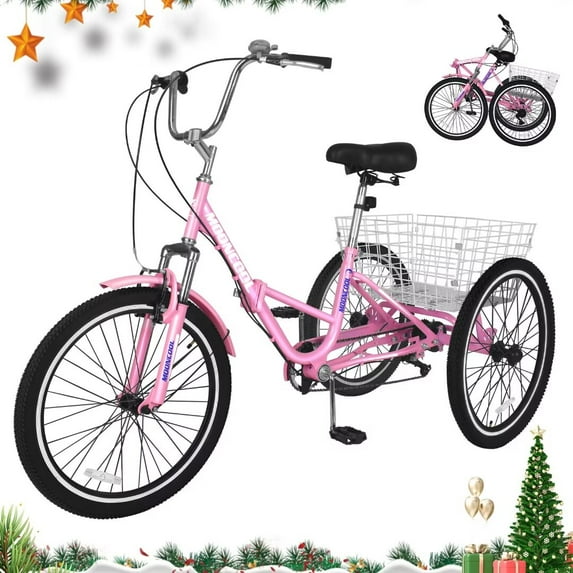 NAIZEA Adult Folding Tricycle 7-Speed, 20/24/26-Inch Three Wheel Cruiser Bike with Cargo Basket, Foldable Tricycle for Adults, Women, Men, Seniors, Teenagers