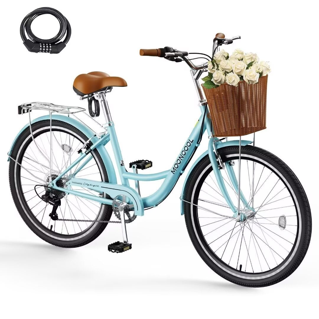 NAIZEA Beach Cruiser Bike for Adult, 26 inch 7 Speed Commute Bike, Cruiser Bike for Women with Basket & Rack, Retro Step Through Bike w/Adjustable Seat & Lock