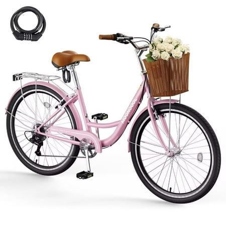 NAIZEA Beach Cruiser Bike for Adult, 26 inch 7 Speed Commute Bike, Cruiser Bike for Women with Basket & Rack, Retro Step Through Bike w/Adjustable Seat & Lock