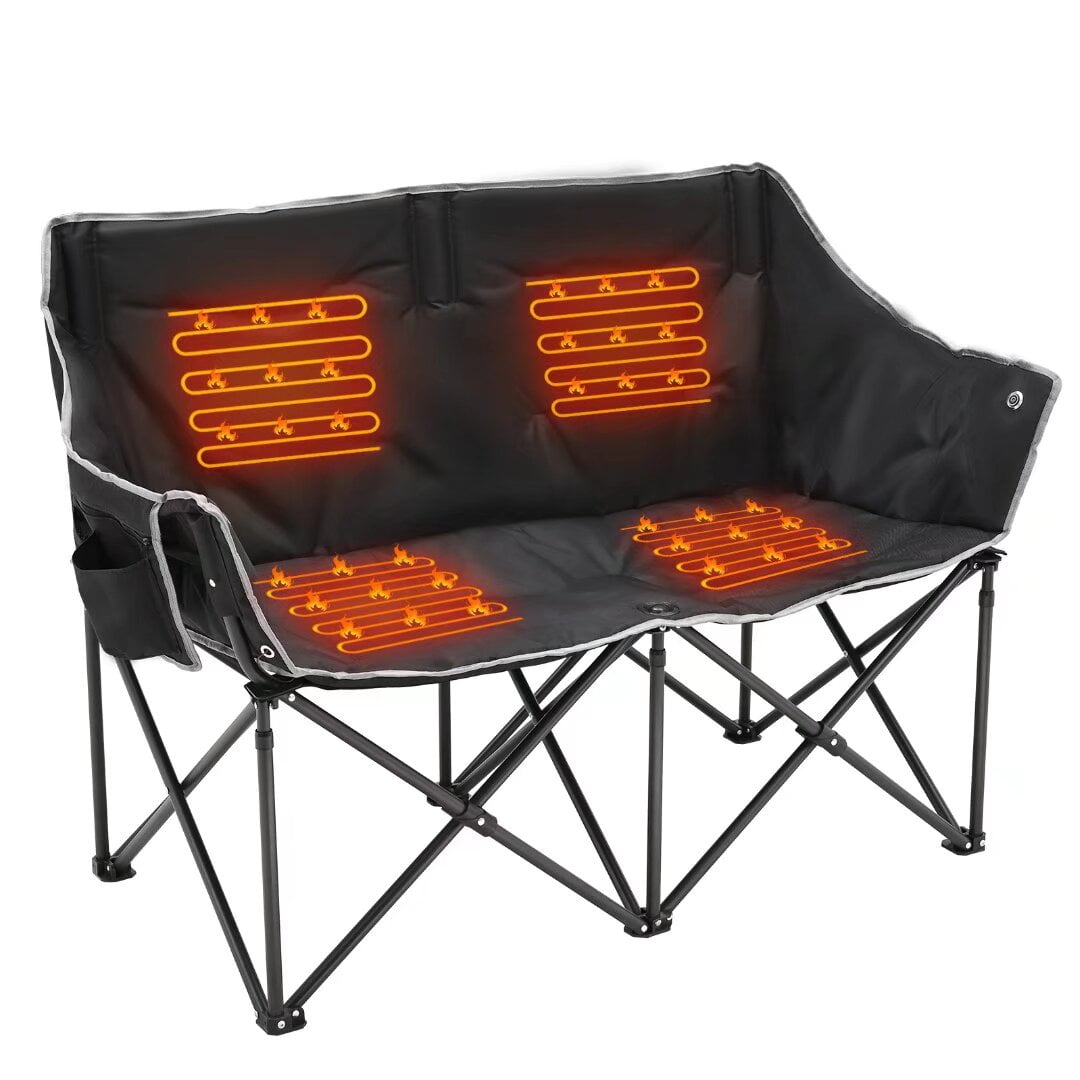 NAIZEA Double Heated Camping Chair 2 Person Portable Folding Lawn Chair 3 Heat Levels Outdoor Lounge Patio Chair with Large Pockets and Travel Bag