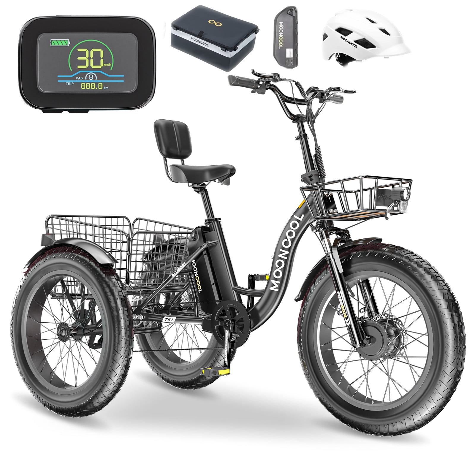NAIZEA Black 48V 20 Electric Tricycle with Carrying Baskets and LCD Display